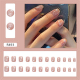 Joskaa 24pcs Gradient False Nails Cute Star Printed Design Fake Nail Short Square Faux Ongles Manicure Nail August Nails 2024