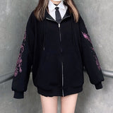 Joskaa Y2K Rhinestone Skeleton Hoodies Women Gothic Black Zip Up Oversized Sweatshirts Autumn Female Harajuku Hooded Jacket Streetwear