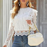 Joskaa Lace Blouses Tops Women Long Sleeve Hollow Out Floral Lace Crop Top Sweet High Street Office Ladies Shirt Fall Outfits 2024