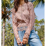 Joskaa Lace Blouses Tops Women Long Sleeve Hollow Out Floral Lace Crop Top Sweet High Street Office Ladies Shirt Fall Outfits 2024