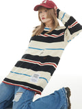 Joskaa Tawaaiw Retro Striped Sweater Women Loose Casual Pullovers Hip Hop Broken Hole Rainbow Sweater Streetwear Knitted Jumpers Autumn