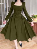 Joskaa Elegant French Style Dresses For Women Square Collar Long Sleeve Green Dress Vintage Temperament Bodycon Pleated Party Dresses