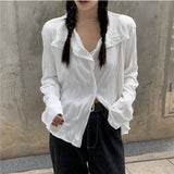 Joskaa HOUZHOU White Blouses Women Elegant Shirt Female Aesthetic Y2k Harajuku Pleated Chic Long Sleeve Top Ladies Loose Korean Vintage