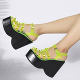 Joskaa Women Sandals High Heels Rhinestone Fashion Sandals Wedge Platform Fluorescent Green Plus Size Heel Sandals