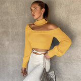 Joskaa Wsevypo Fall Winter Chic Off Shoulder Halterneck Knit Sweaters Women Casual Long Sleeve Cutout Pullover Crop Tops Street Jumpers