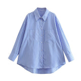 Joskaa 2024 New Blue Pocket Striped Shirt Women Casual Chic Long Sleeve Loose Blouse Elegant Blouses Summer Fall Blouse