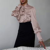 Joskaa Loose Lace Up Bow Shirt Lady Elegant Solid Female Puff Sleeve Satin Blouse 2024 Spring Casual Office Lady White Shirts