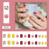 Joskaa 24pcs Gradient False Nails Cute Star Printed Design Fake Nail Short Square Faux Ongles Manicure Nail August Nails 2024