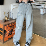 Joskaa Back To School Outfits High Stree Baggy Jeans Women New High Waist Vintage Washed Pentagram Hiphop Zipper Button Casual Long Wide-leg Pants