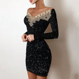 Joskaa hoco dresses Sexy Long Sleeve Spring Fall Mini Dress Lace Off Shoulder Fashion Elegant Casual Tight Short Dresses For Women Streetwear Black