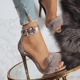 Joskaa Faux Fur Women Sandals High Heels Sexy Snakeskin Pattern Women High Heels Pumps 11cm Thin Heel Women