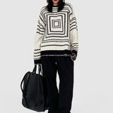 Joskaa Deeptown Korean Style Knitted Sweater Women Oversize Geometric Pattern Striped Streetwear Pullover Long Sleeve Jumper Fall