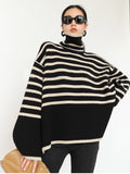 Joskaa Autumn Women's Striped Sweater High Collar Winter Loose Knitted Pullover Slit  Oversize Women Turtleneck Sweater Fashion 2024