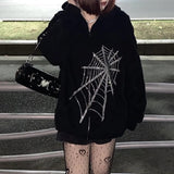 Joskaa 2024 New Gothic Black Rhinestone Hodies Women Spider Web Zipper Hooded Sweatshirts Couple Punk Harajuku Oversized Clothing