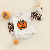 Halloween Joskaa Lioraitiin 0-18M Infant Baby Girls Halloween Bodysuit Pumpkin Leopard Print Long Sleeve Jumpsuits