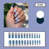 Joskaa 24pcs Y2k Summer Sea Blue Gradient Fake Nails With Water Ripples Designs Long Square Coffin False Nails Set Press On Nail Tips August Nails 2024