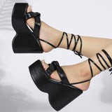 Joskaa Women Sandals High Heels Open Toe Lace Up Fashion Sandals Wedge Platform Black Plus Size High Heel Beach Shoes