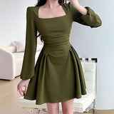 Joskaa Elegant French Style Dresses For Women Square Collar Long Sleeve Green Dress Vintage Temperament Bodycon Pleated Party Dresses