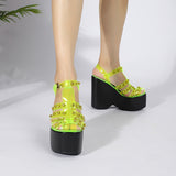 Joskaa Women Sandals High Heels Rhinestone Fashion Sandals Wedge Platform Fluorescent Green Plus Size Heel Sandals