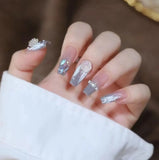 Joskaa 24pcs Press On Nails Long Pink Heart Silver Glitter Coffin False Nails Design Ballerina Fake Nails Fairy Nail