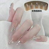 Joskaa 24pcs Press On Nails Long Pink Heart Silver Glitter Coffin False Nails Design Ballerina Fake Nails Fairy Nail