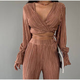 Joskaa Solid Pleated Cropped Top 2piece Set Women Sexy Pagoda Long Sleeve Lace Up Shirt Suit Female V-neck Shirt Trouses Sets