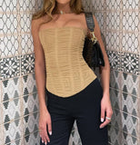 Joskaa 2024 Mesh Khaki Corset Crop Top Women Y2K Strapless Tube Tank Tops Summer Black Sexy Sleeveless Off Shoulder Cami