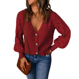 Joskaa Wsevypo Women Spring Autumn Knitted Cardigan Tops Casual Loose Outwear Long Puff Sleeve V Neck Button Down Knitwear Lady Coats