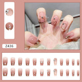 Joskaa 24Pcs False Nails Crystal Sequins with Pearl Diamond Decorations Ballerina Fake Nail Patch Back To School Nails