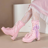 Joskaa Charming Sweet Cute JK Lolita Girls Boots Pink White Cross-tied Lace Ruffles Bowtie Knot Platform Chunky Heels Winter Shoes Hoco Shoes