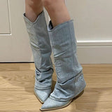 JOSKAA Country Concert Outfit Summer Pleats Blue Denim Thigh High Boots for Women 2024 Autumn Thick Heeled Pointed Toe Cowboy Boots Woman Slip On Western Long Boots