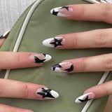 Joskaa Short Almond Y2k Nails Press On Nail With Black Pentacle Star Designs 24pcs White French False Nails Rhinestone Fake Nail Tips August Nails 2024