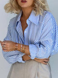 Joskaa 2024 New Blue Pocket Striped Shirt Women Casual Chic Long Sleeve Loose Blouse Elegant Blouses Summer Fall Blouse