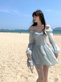 Joskaa hoco dresses  Long Sleeve Dress Female Blue Sweet A-Line Summer High Waist Vintage Slim Fairy Dress Princess Dress Sundress Beachwear Holiday Fairy Dress