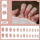 Joskaa 24Pcs False Nails Crystal Sequins with Pearl Diamond Decorations Ballerina Fake Nail Patch Back To School Nails