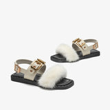 Joskaa  Summer Sandals Women Cow Leather Square Toe Mink Design Buckle Strap Elegant Female Flat Shoes Handmade 32372