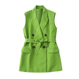 Joskaa Woman Elegant Green Long Blazer Tanks Suit 2024 Spring Casual Female Lacing Sleeveless Blazers Suits Ladies Streetwear 2 Pcs Set