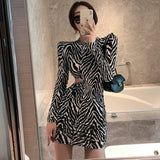 Joskaa Cyber Monday Sales 2024 Spring New Fashion Comfortable Casual Zebra Print Round Neck Long-Sleeved Women Wear With Pleated Slim Bottoming Dress