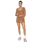 Joskaa Waffle Solid U Neck Long Sleeve Shorts Set Women Cropped Top High Waist Shorts 2 Piece Set Female Casual New Spring Sets