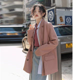 Joskaa Korean Blazer Women Loose Double Breasted England Style Solid Button Basics Notched Casual Long Sleeve Suit Coats