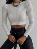 Joskaa O-Neck Cropped Knitted Top Women Shirts Sexy Long Sleeve Thread Fitting T-Shirt 2024 Spring Ladies Solid Slim Tops