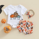 Halloween Joskaa Lioraitiin 0-18M 3Pcs Baby Girls Halloween Outfit Pumpkin/Letter Print Short Sleeve Romper Shorts Headband Set