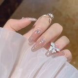 Joskaa 24pcs Rhinestone Design Fake Nails Shiny Bridal Women Lady party nail DIy Decorations Press On nail Tips False Nail Patch