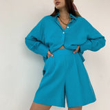 Joskaa Casual Women Short Set Tracksuit Loungewear Two Piece Women Outfits Oversized Long Shirt And High Waist Shorts Green