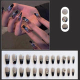 Joskaa 24pcs Long Ballet Coffin Wearable Dark Black Star French False Nails Full Cover Rhinestones Fake Nails Set Press On Nail Tips August Nails 2024