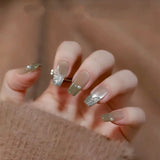 Joskaa 24pcs Long Ballet French False Nails With Gradient Green Crystal Design Glitter Cat's Eye Fake Nail Barbie Nail