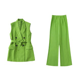 Joskaa Woman Elegant Green Long Blazer Tanks Suit 2024 Spring Casual Female Lacing Sleeveless Blazers Suits Ladies Streetwear 2 Pcs Set