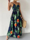 Joskaa Women Floral Plant Print Loose Beach Dress Sexy V Neck Suspenders Boho Long Dress Elegant High Waist Backless Sling Party Dress