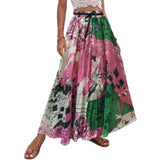 Joskaa Elegant Women Bohemian Vintage Print Long Skirt Summer High Waist Lace Up Casual Loose A-line Holiday Beach Skirt Female XXL