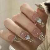 Joskaa 24pcs Long Ballerina False Nails Pink Heart Love Rhinestones Rose Designs Fake Nails Back To School Nails